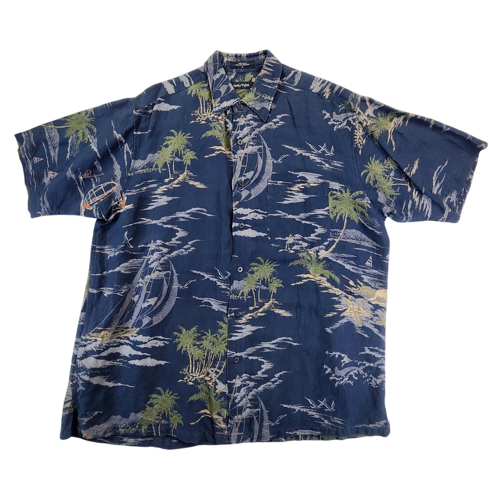 Nautica Mens Large Blue Tropical Sailboat Linen Blend Aloha Beach Coastal Shirt